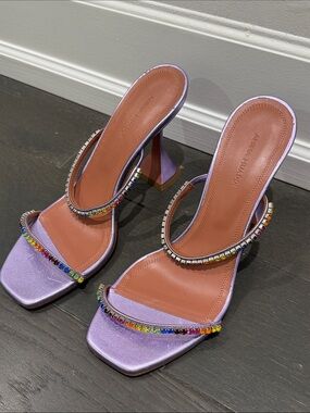 Amina Muaddi Lavender Satin Crystal-Strap Heels